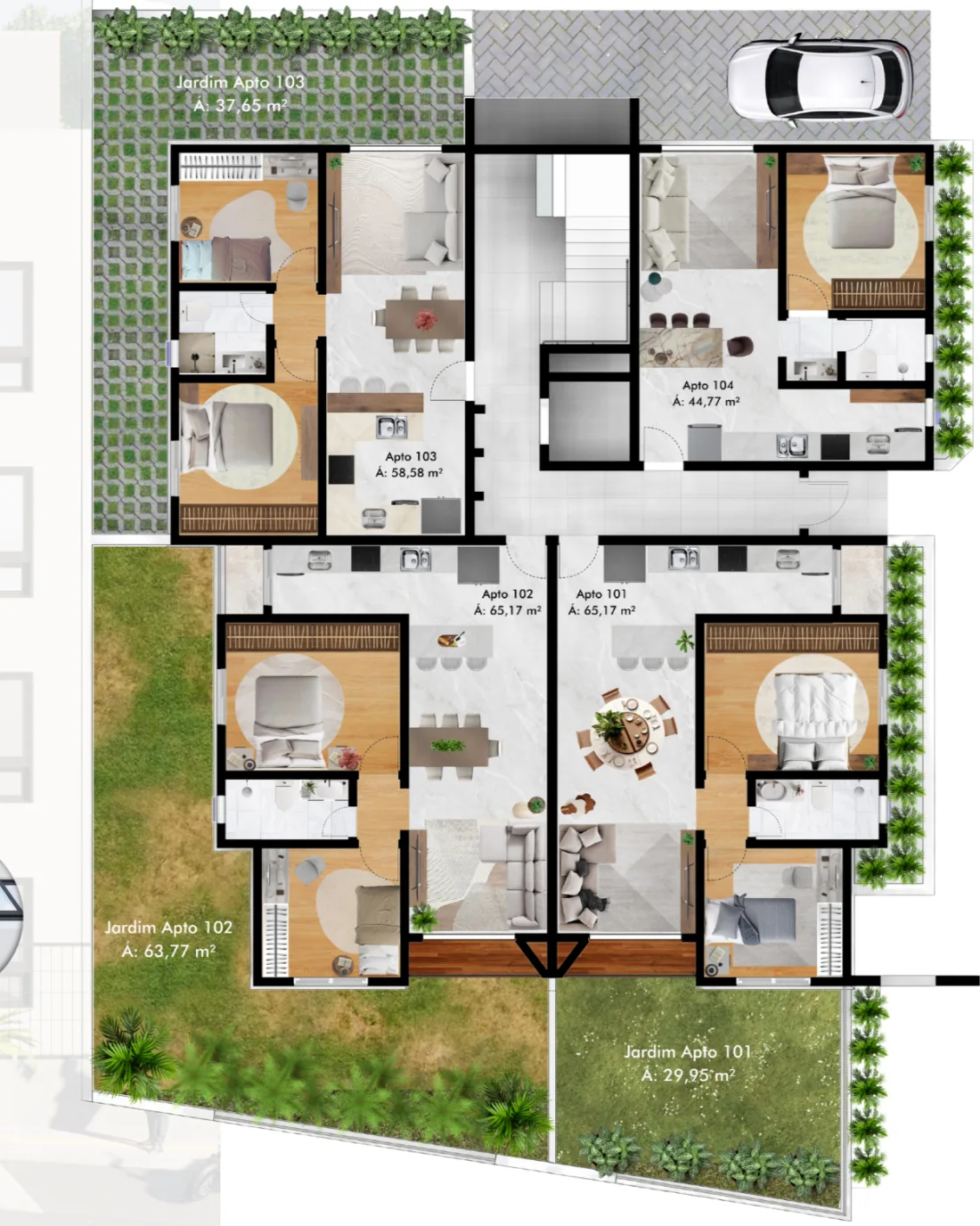 Planta do pavimento da configuração inicial, com quatro tipologias de apartamentos