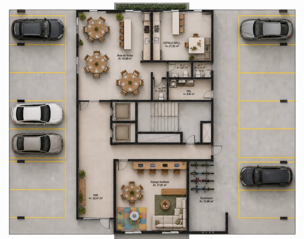 Planta do térreo revisado com salão de festas, espaço grill, espaço multiuso e bicicletário