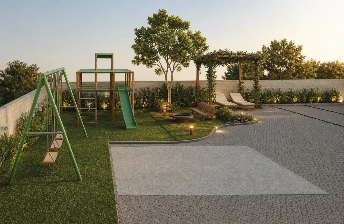 Área de lazer externa do projeto revisado, com playground, pergolado e espaço de convivência
